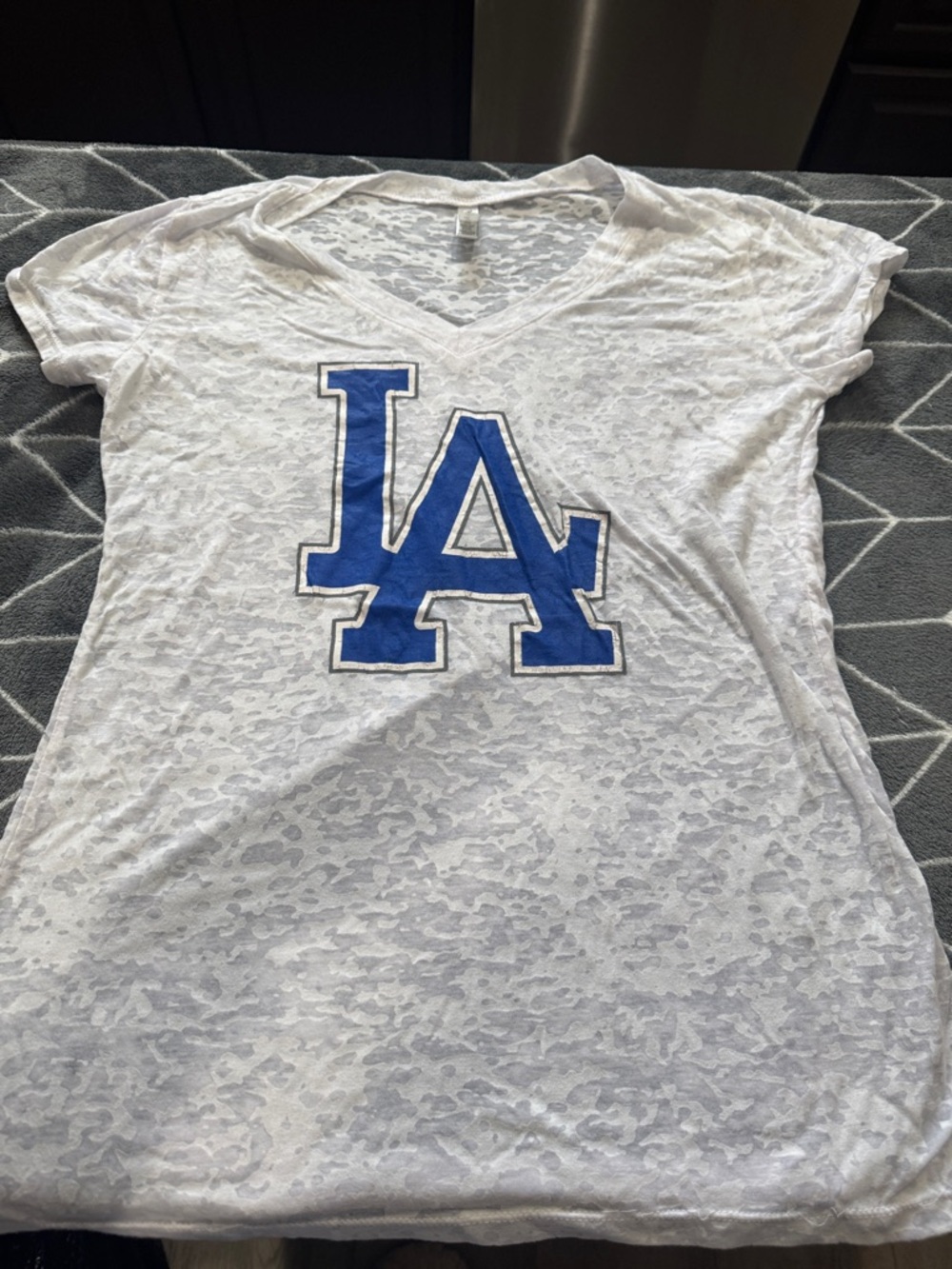 Los Angeles Dodgers White V-Neck Tee with Blue LA Logo